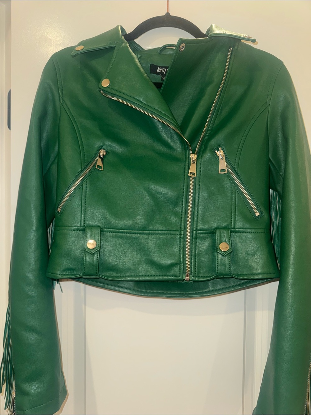 Nasty Gal Emerald Green Faux Leather Fringe Moto Jacket